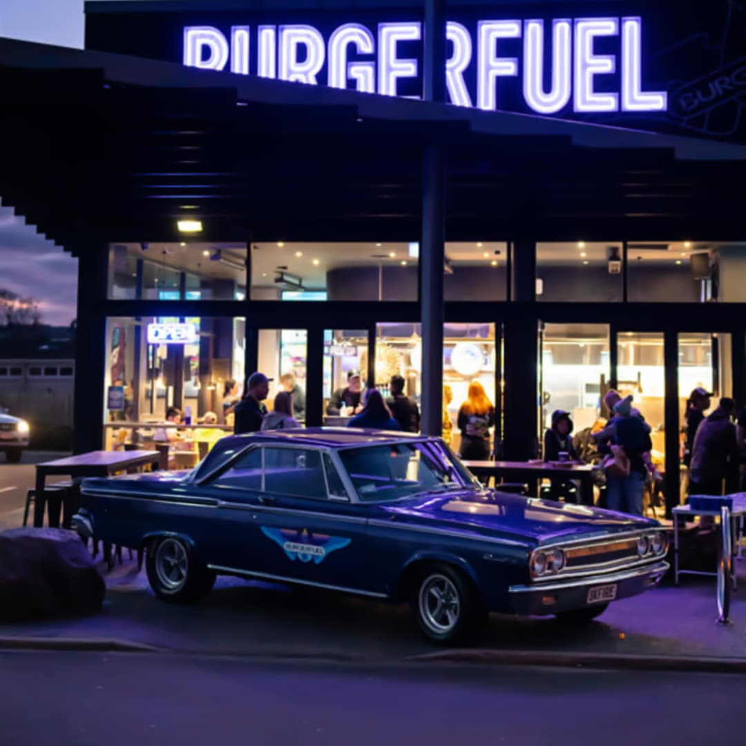 BurgerFuel Rotorua interior with neon lighting